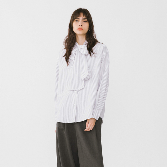 Pinstripe Long Sleeves Shirt with Tie Down Collar