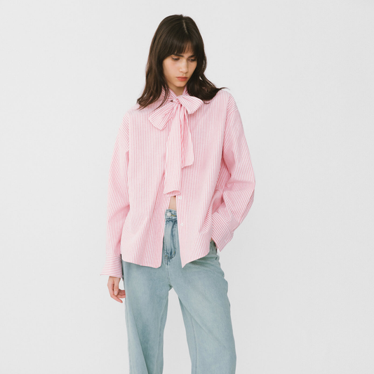 Pinstripe Long Sleeves Shirt with Tie Down Collar