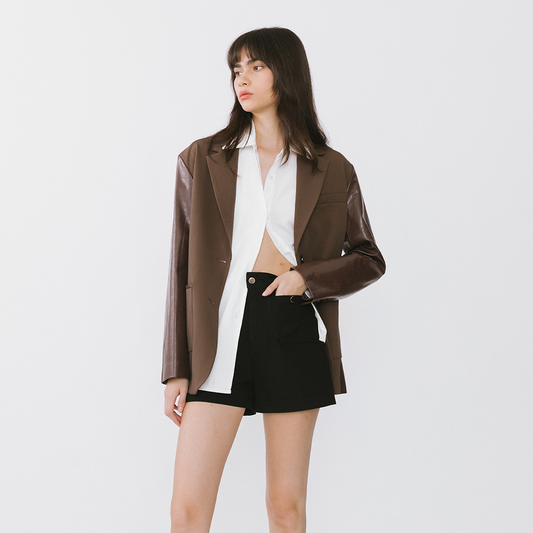 Faux Leather and Wool Oversized Blazer