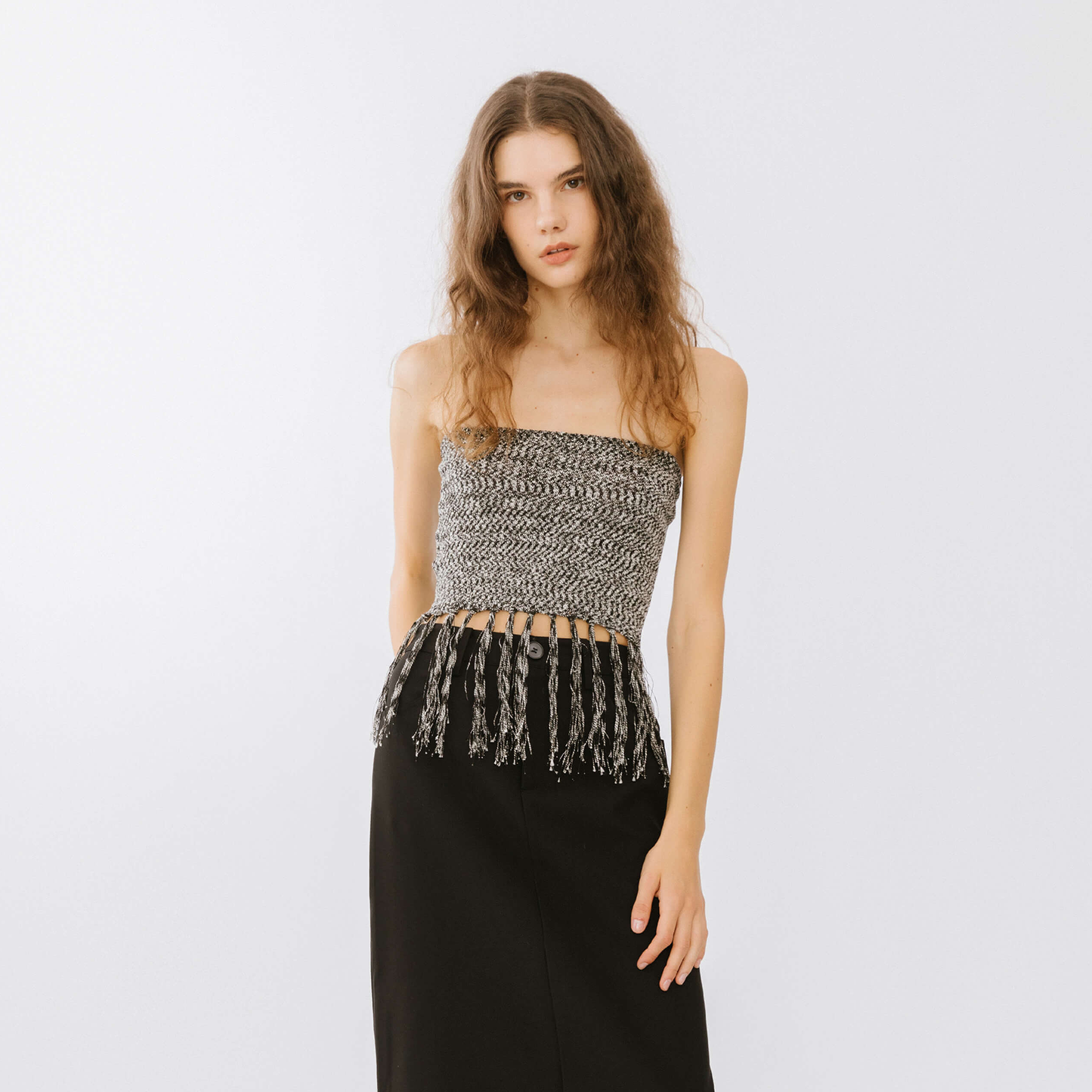 Strapless Long Tassel Knit Top