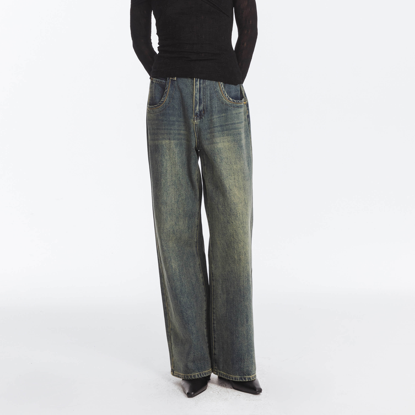 Vintage Denim Washed Straight Leg Jeans