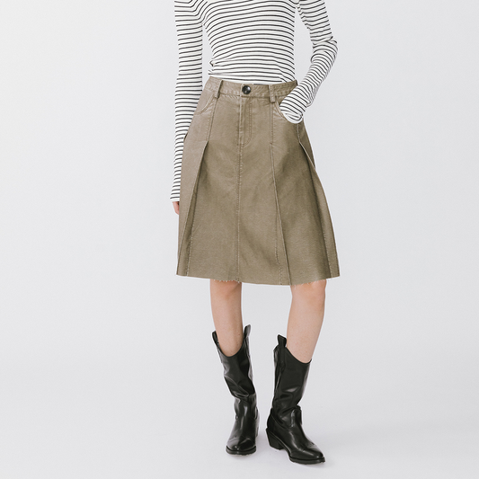Raw Edge Pleated A-line Skirt