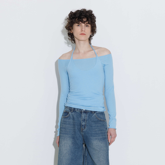 Blue Halter Neck Knit Top with Wool Blend