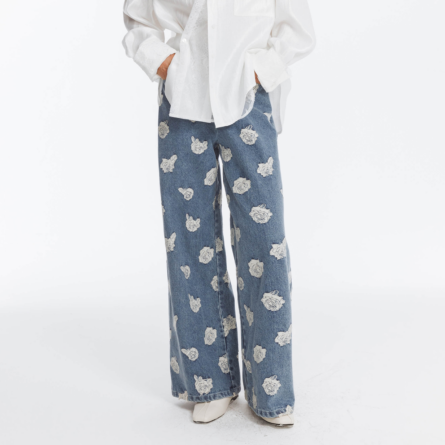Retro Rose Print Washed Straight Leg Jeans