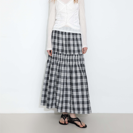 Elastic Drawstring High Waist Checked Skirt