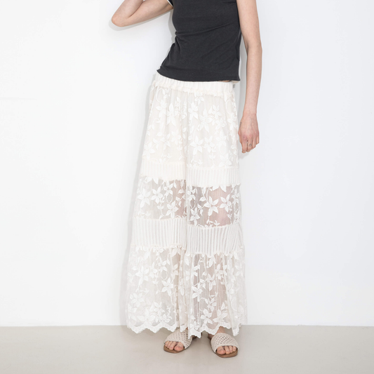 Textured Floral Print Lace Panel Skirt