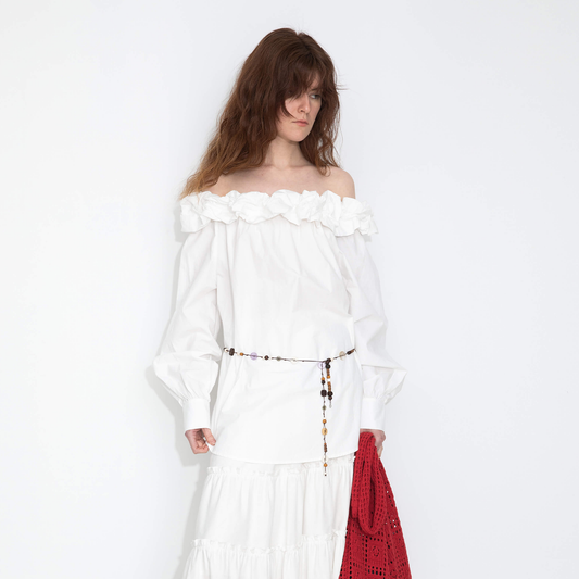 3D Ruffle Collar Long Sleeve Cotton Blouse