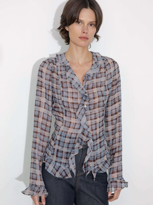 Semi-Sheer Ruffle Trim Check Shirt