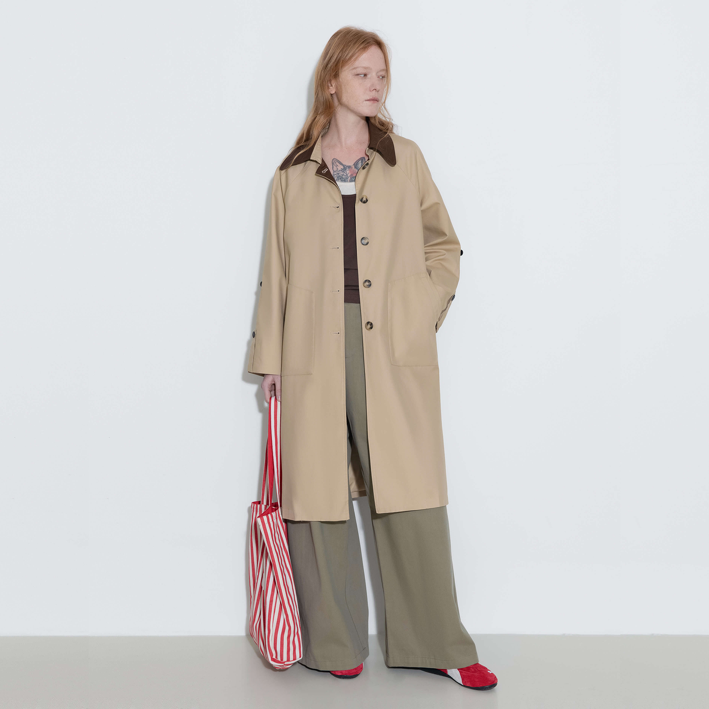 Color-Blocked Collar Long Trench Coat