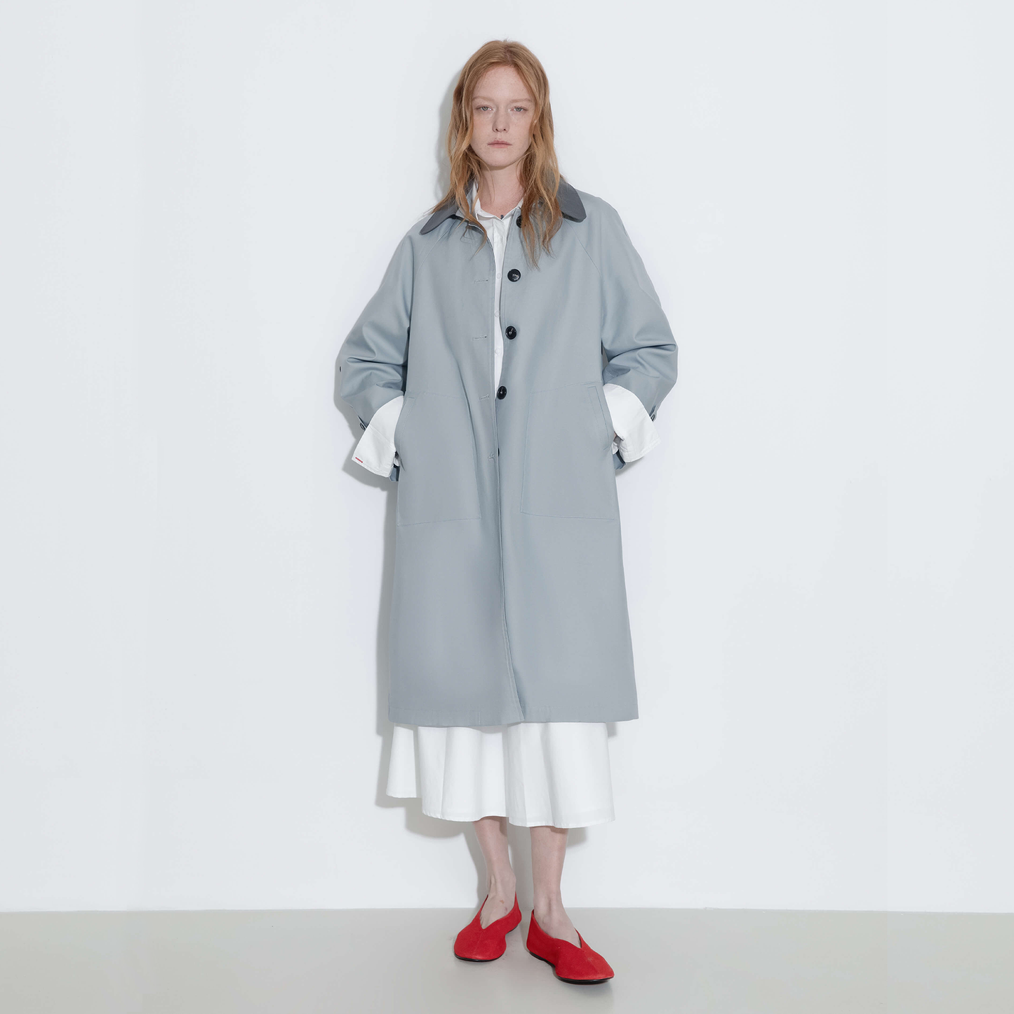 Color-Blocked Collar Long Trench Coat