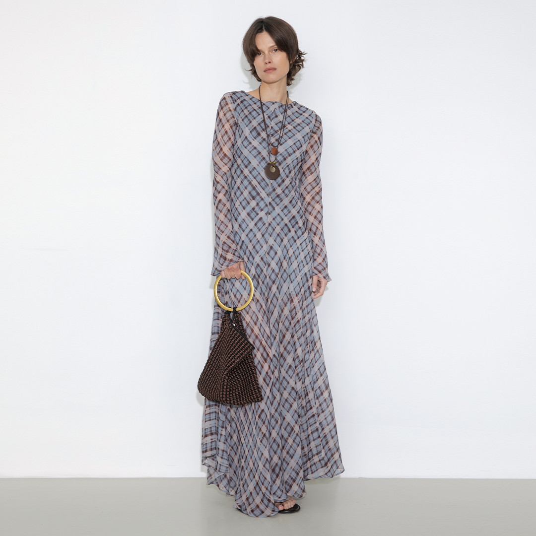 Checkered Crew Neck Long Sleeve Dress