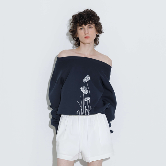 Lace Print Oversized Sweatshirt with Wide Neckline