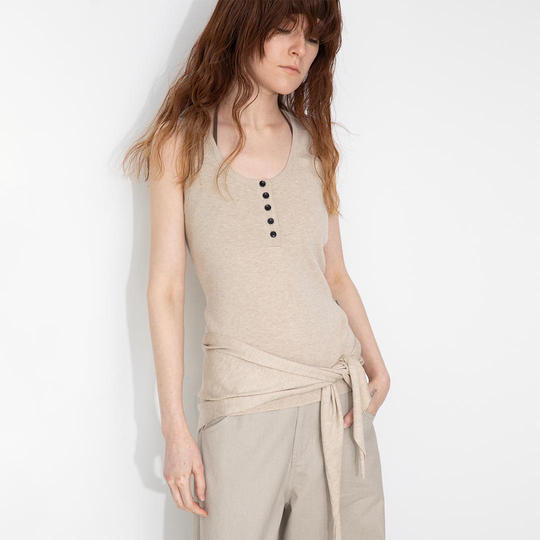 Slim-Fit Knit Henley Vest with Neck Tie
