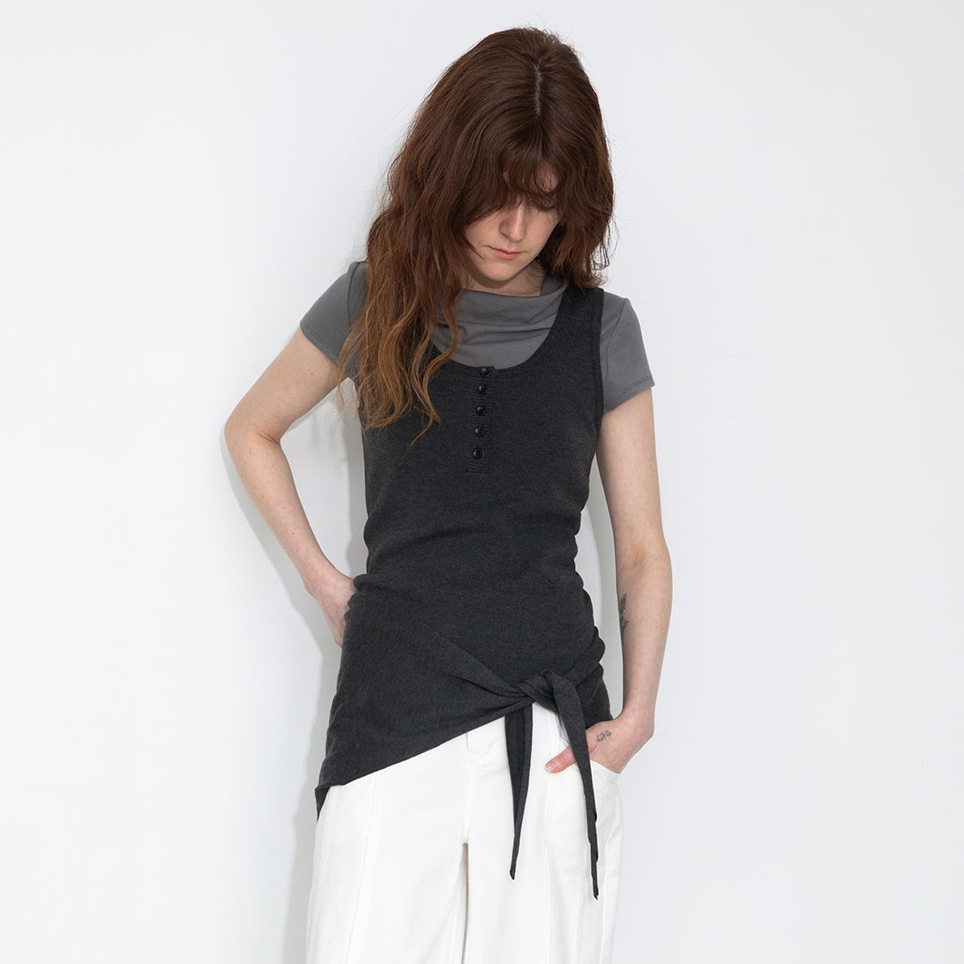 Slim-Fit Knit Henley Vest with Neck Tie