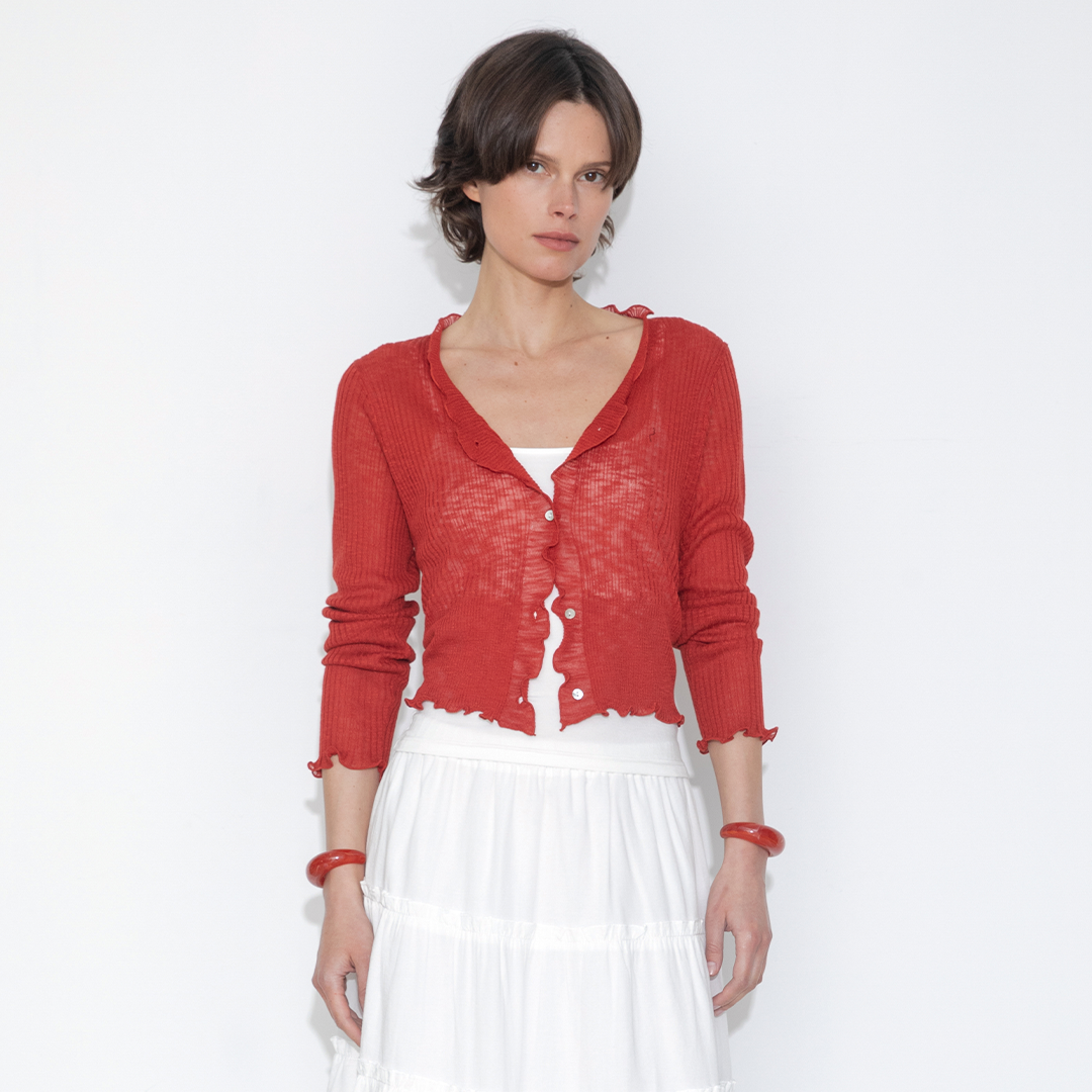 V-Neck Knit Cardigan with Ruffled Long Sleeves