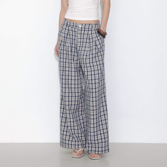 Striped Check High-Waisted Wide-Leg Casual Pants