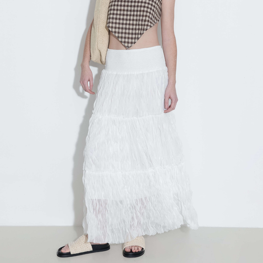 White Wavy Draped Midi Skirt
