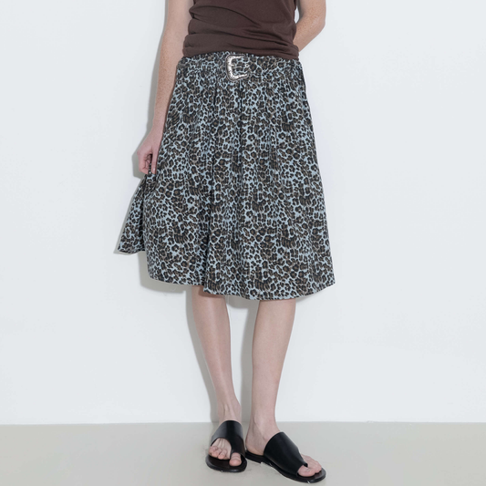 Leopard Print Pleated A-Line Skirt with Belt