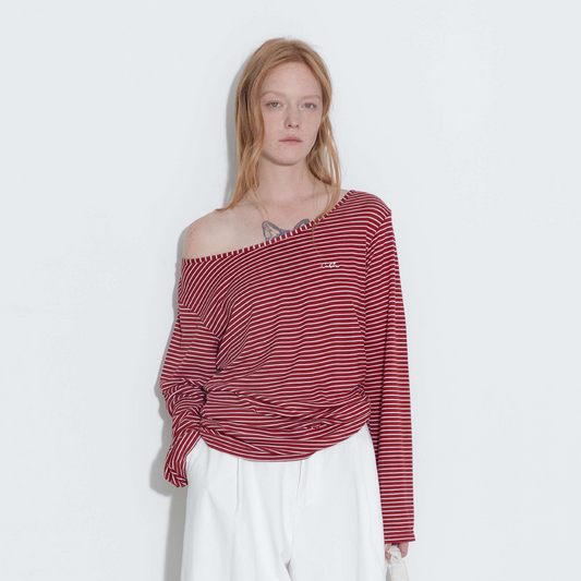 Adjustable Collar Oversized Stripe Long Sleeve Top