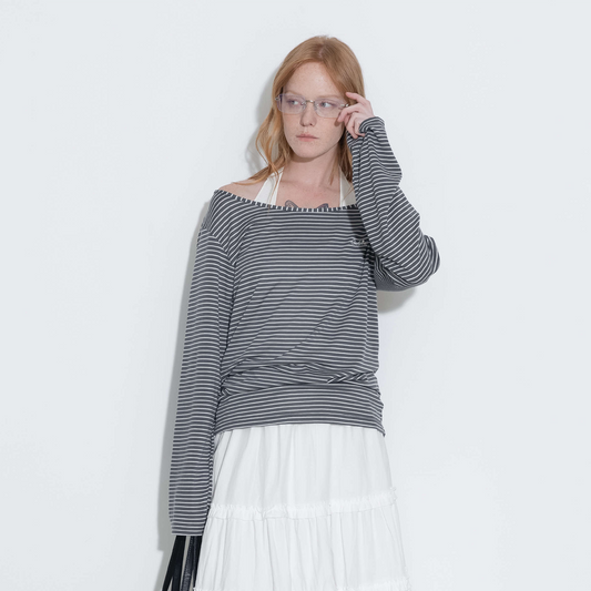Adjustable Collar Oversized Stripe Long Sleeve Top