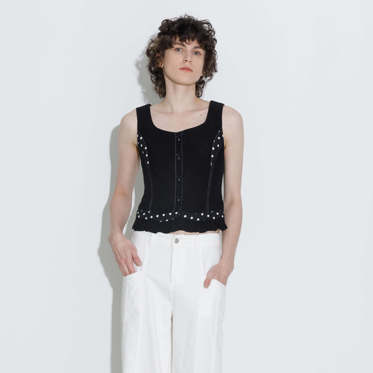 Buttoned Sleeveless Color-Block Lace Vest