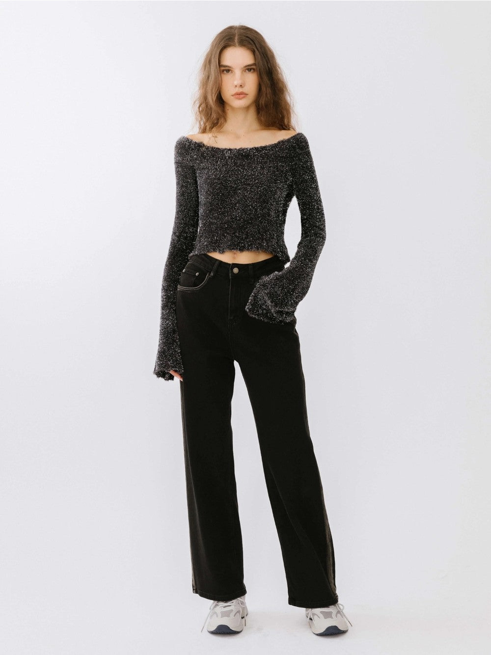 Off-Shoulder Long Sleeve Knit Crop Top