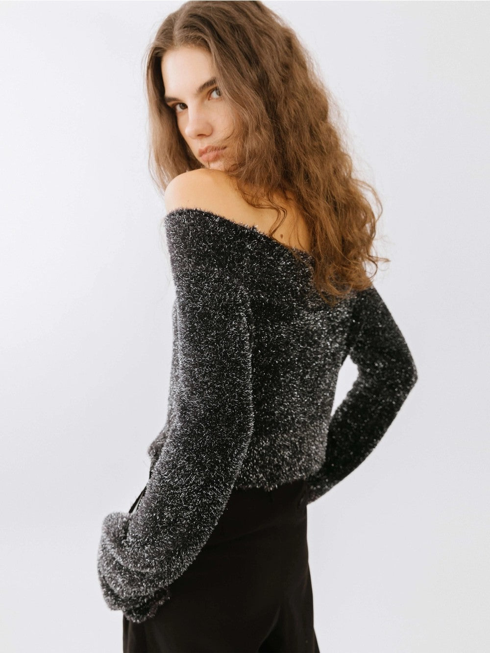 Off-Shoulder Long Sleeve Knit Crop Top