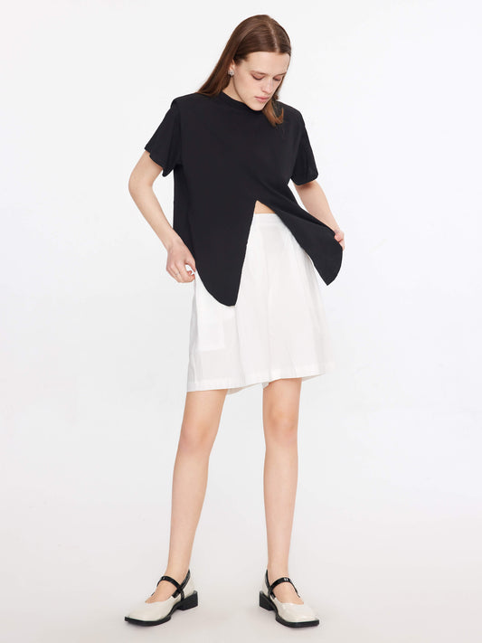 Shoulder Padded Short Sleeve Knot Cotton T-Shirt