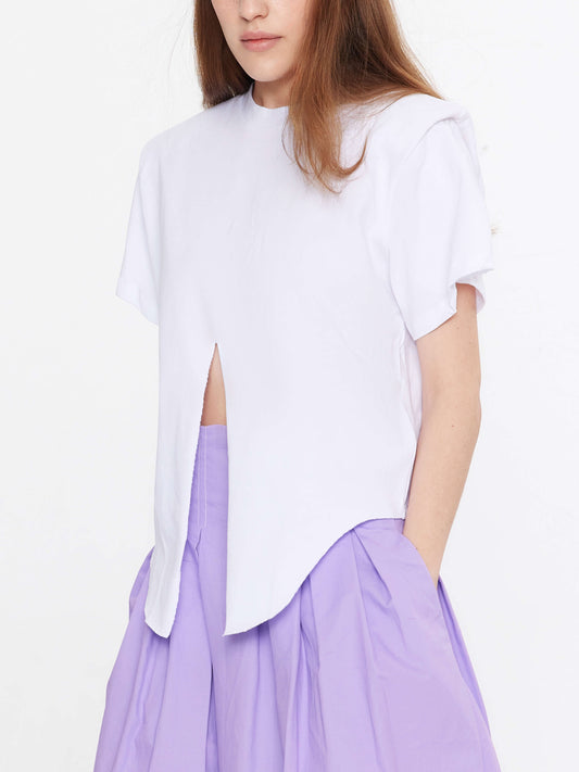 Shoulder Padded Short Sleeve Knot Cotton T-Shirt