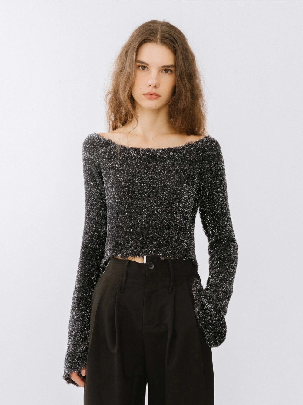 Off-Shoulder Long Sleeve Knit Crop Top
